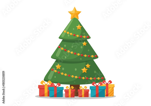 Illustration of a decorated Christmas tree with colorful presents underneath on a white background.