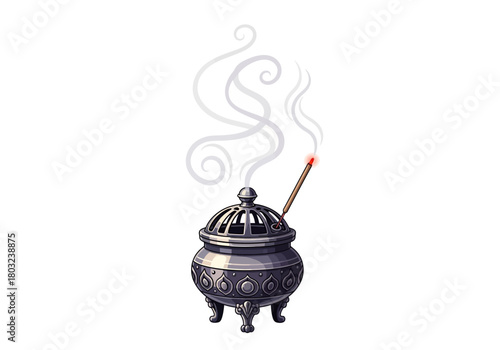 Illustration of a smoking incense burner with a stick on a white background, emitting wispy smoke.
