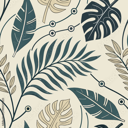 Seamless pattern of tropical leaves in vintage style on beige background