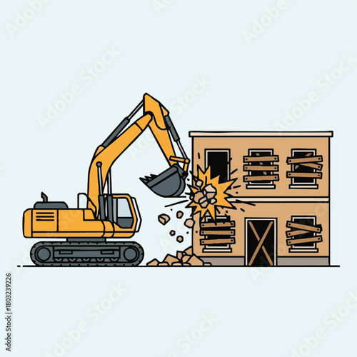 A powerful yellow excavator actively demolishes an old, dilapidated building, creating a dynamic scene of urban renewal and construction site activity.