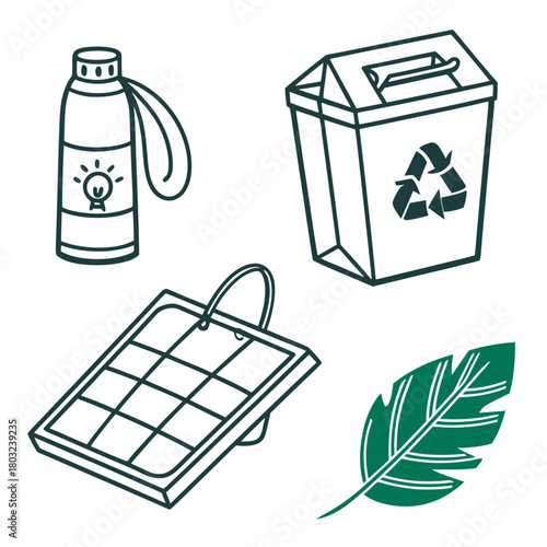 Sustainable living concept with bottle, bin, solar panel, and leaf isolated on