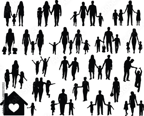 Family silhouettes vector set, parents and children walking together, happy family relationship design, love home symbol, parenting concept illustration, black silhouettes