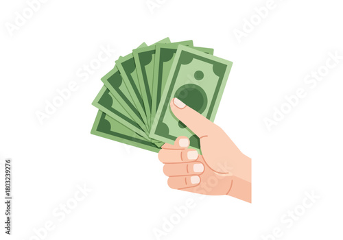 A hand holding a fan of green banknotes against a white background in a flat illustration style.