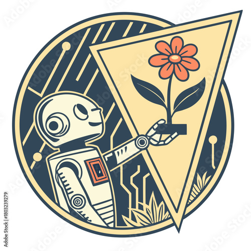 Robot holding a flower in a triangle isolated on