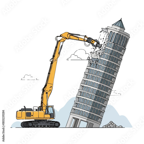 A powerful yellow excavator with a hydraulic breaker attachment systematically demolishes a tall, leaning architectural structure, symbolizing significant change or collapse.