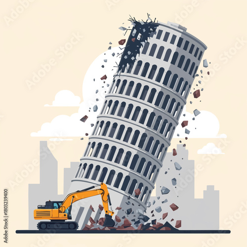 A powerful excavator actively demolishes the iconic Leaning Tower of Pisa, scattering debris across a modern city skyline, symbolizing radical change and urban development.