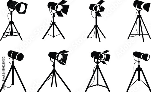 Studio spotlight icons on tripods in various angles and styles photography film