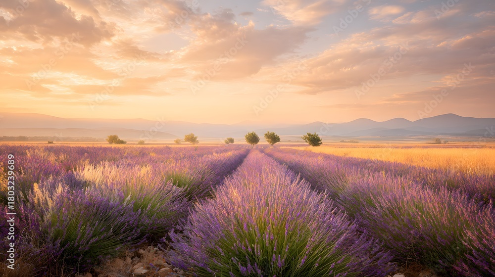 Fototapeta premium Serene Lavender Fields at Sunset with Beautiful Sky and Mountains