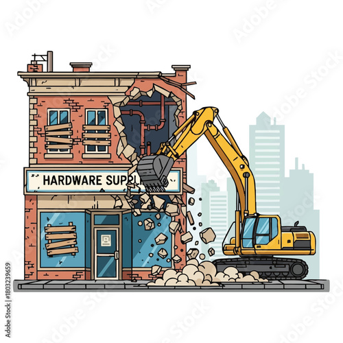 A powerful yellow excavator actively demolishes an old brick hardware supply store, creating a cloud of dust and debris during urban redevelopment.