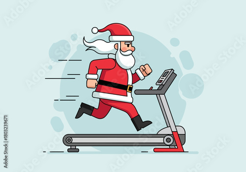 Cartoon Santa Claus running on a treadmill in a dynamic pose with motion lines and a light blue background.