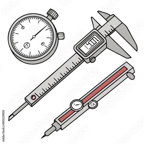 Hand drawn illustration of a caliper, depth gauge and a stopwatch isolated on