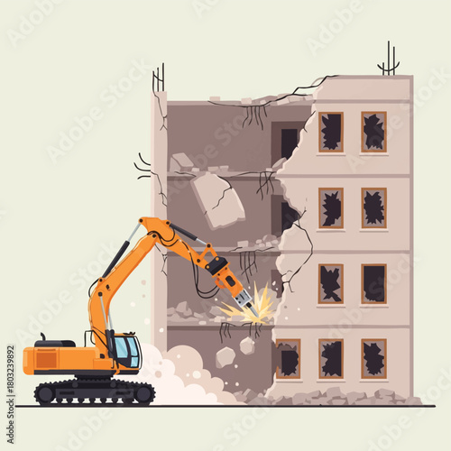An orange excavator with a hydraulic hammer actively demolishes a multi-story concrete building, creating dust and debris during a significant urban reconstruction project.