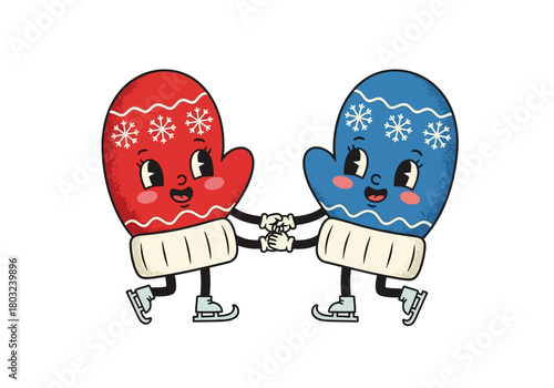 Cartoon illustration of two cheerful mittens ice skating and holding hands with white background and winter theme.