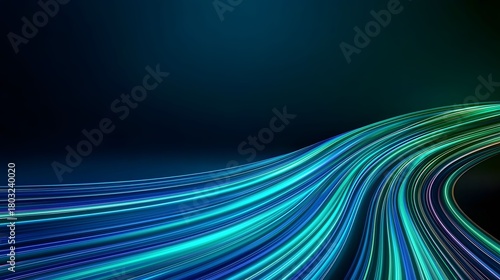 The digital graphic showcases a dynamic array of vibrant turquoise and blue light streaks swirling across a deep teal background, evoking a sense of speed and energy.