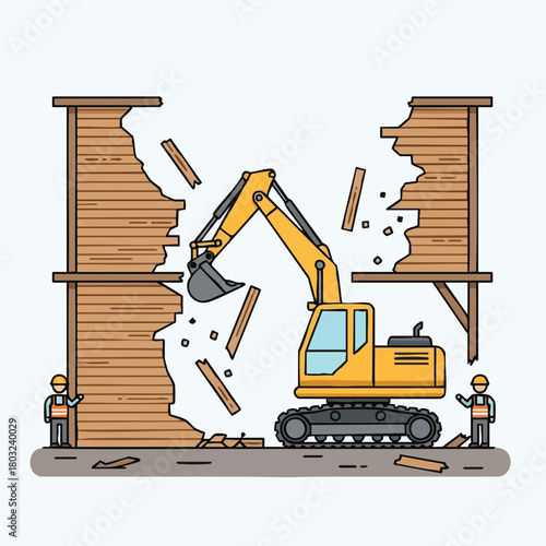 An industrial yellow excavator efficiently demolishes a dilapidated wooden building, scattering debris as two construction workers carefully monitor the important project.