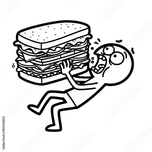 Cartoon man overwhelmed by giant sandwich, struggling to hold the massive food item, isolated on transparent