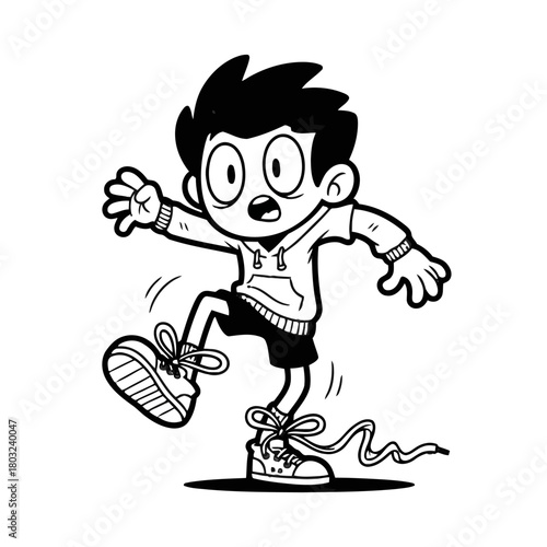 Surprised cartoon boy tripping over his untied shoelaces while walking, with shocked expression and wide eyes, isolated on transparent