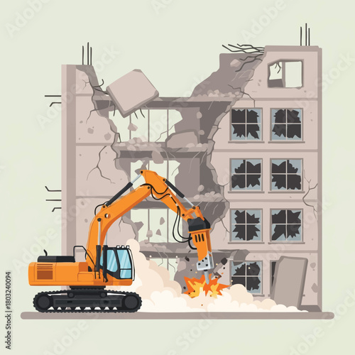 An orange excavator with a powerful hydraulic breaker is actively demolishing a crumbling concrete building, creating dust and debris during urban renewal.