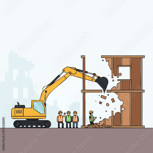 A powerful yellow excavator efficiently demolishes a two-story wooden building, creating a cloud of dust and debris under the careful supervision of construction workers.