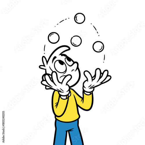 Cartoon boy juggling five balls, isolated on transparent