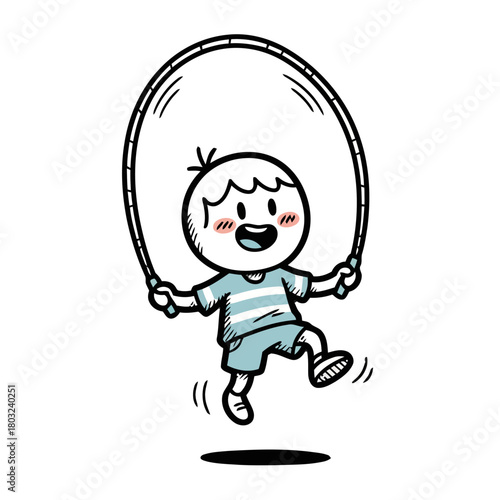 Happy cartoon child jumping rope, isolated on transparent