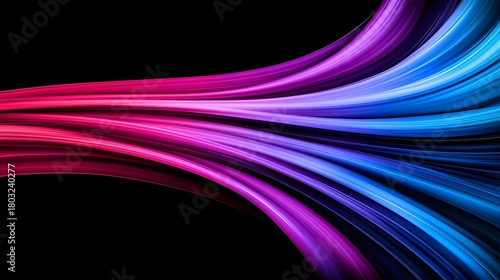 The image features abstract curved lines ranging from pink and purple hues on the left side to blues on the right, set against a stark black background.