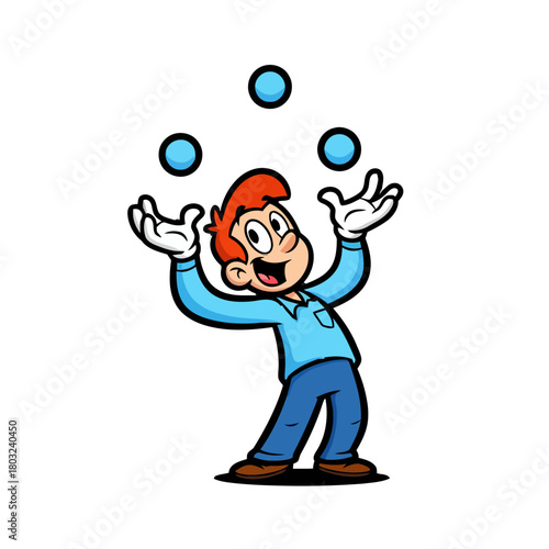 Cartoon man juggling three blue balls, isolated on transparent