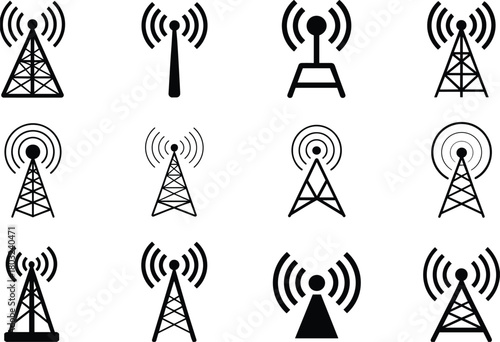 Twelve black and white icons of various signal transmission towers antenna communication