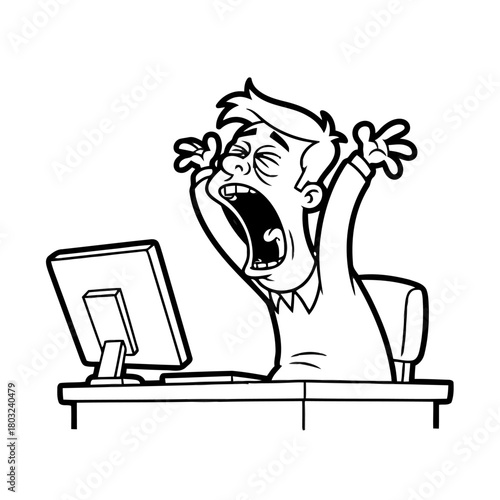 Man yawning widely in front computer, looking exhausted and stressed, black and isolated on transparent