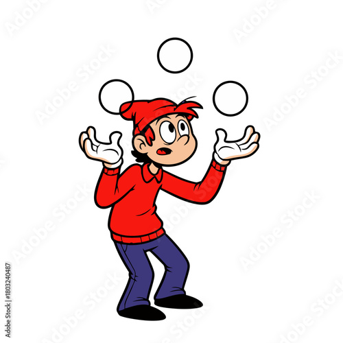 Cartoon boy in red hat and sweater juggling three balls, isolated on transparent