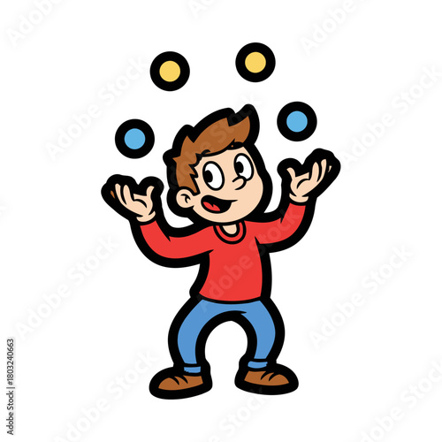 Cartoon boy juggling colorful balls isolated on transparent