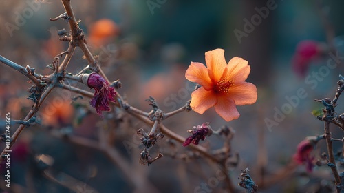 A single vibrant flower surrounded by thorny bushes, other flowers turning away, soft morning light, shallow depth of field f/4.0, natural color palette, serene garden setting --ar 16:9 --v 7.0 --styl