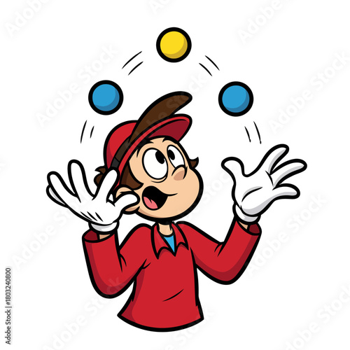 Cartoon character wearing red shirt and red cap, with gloves, joyfully juggling three colorful balls in the air, isolated on transparent