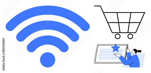 Blue wireless signal, shopping cart, and user interacting with a tablet emphasize online shopping, connectivity, and technology. Ideal for e-commerce, shopping, digital marketing, internet services