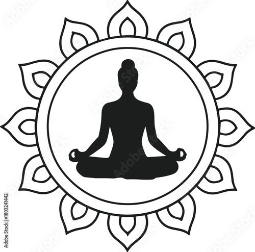 Black silhouette of a person meditating in lotus pose within a circular floral mandala design