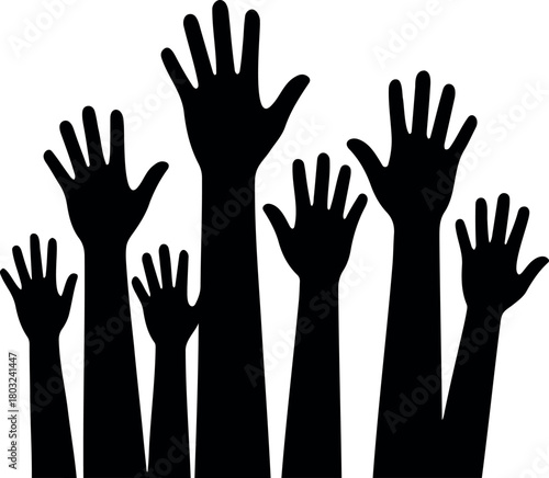 Vector illustration of several black silhouette hands raised upwards against a white background space art