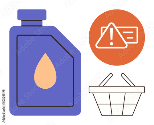 Bottle with droplet symbol, alert icon, and basket suggest responsible shopping and safety awareness. Ideal for retail safety, product warnings, conscious consumerism, shopping trends, supply chain