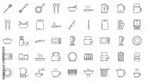 Vector icon pack of culinary and kitchen equipment. Simple line art illustrations of cooking tools, a whisk, utensils, and home appliances for design