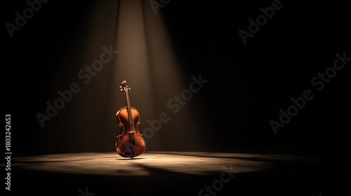 stasis. A single violin on a dark stage under a spotlight, showing wood grain. event programs, museum guides, designed for cultural heritage projects and event programs, supports education.