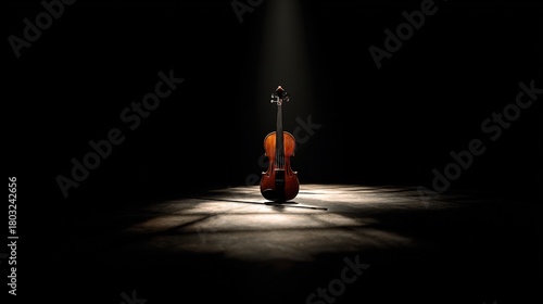 stasis. A single violin on a dark stage under a spotlight, showing wood grain. event programs, museum guides, designed for cultural heritage projects and event programs, supports education.