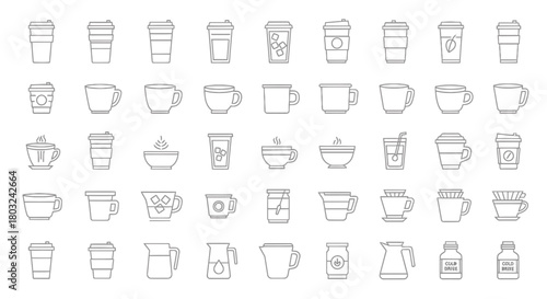 Collection of Line Art Coffee Cups and Mugs for Beverage Designs
