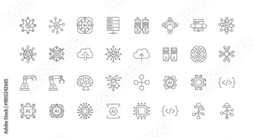 Line icon collection symbolizing artificial intelligence, machine learning, big data, and futuristic digital technology concepts on a white background