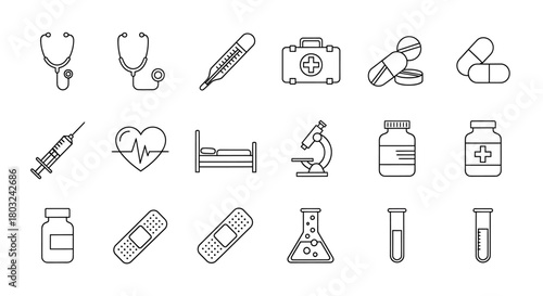 Collection of Medical Line Icons for Healthcare Services and Clinical Equipment