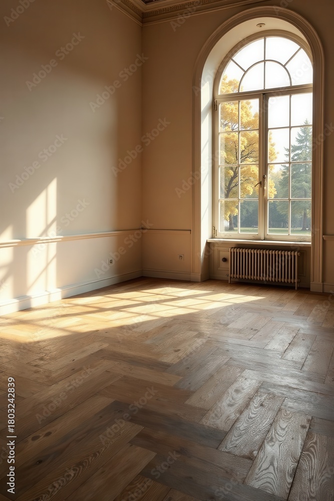 Fototapeta premium Sunlit Room with Elegant Hardwood Herringbone Flooring and Large Arch Window