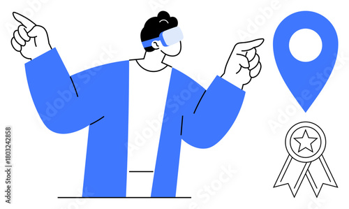 Man in AR glasses gesturing at a location pin and badge. Ideal for technology, innovation, navigation, achievement, gamification, augmented reality, futuristic concepts. Simple flat metaphor