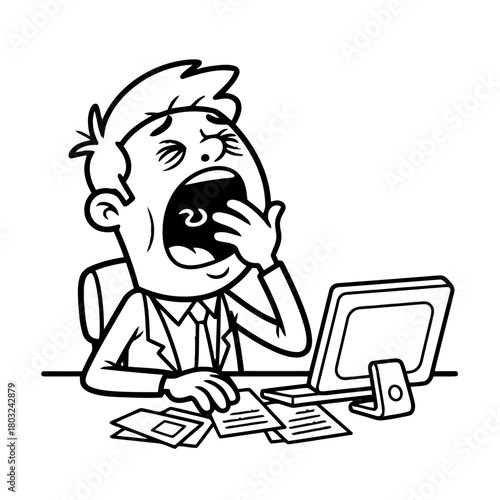 Tired businessman yawning at his desk with computer and papers, isolated on transparent