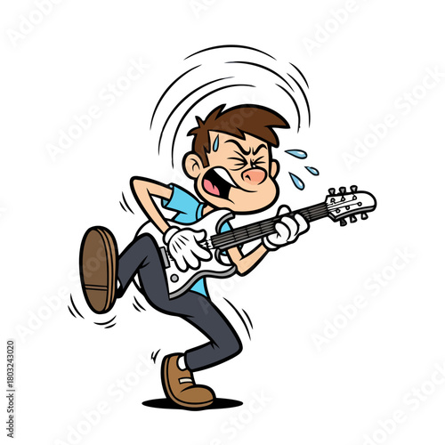 Cartoon man playing electric guitar with intense expression and sweat, isolated on transparent