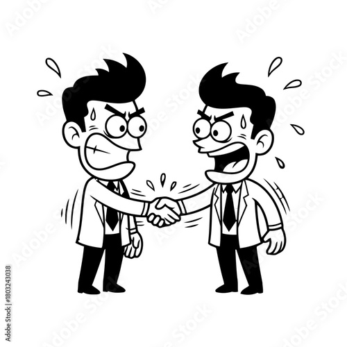 Two angry businessmen shaking hands with gritted teeth and sweat drops, isolated on transparent
