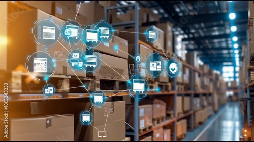 Modern digital icons enhance warehouse storage, logistics, and inventory management systems, showcasing innovative supply chain technology, efficient delivery processes, and automated shipping