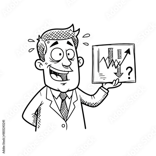 Confused businessman holding chart with fluctuating market trends, isolated on transparent